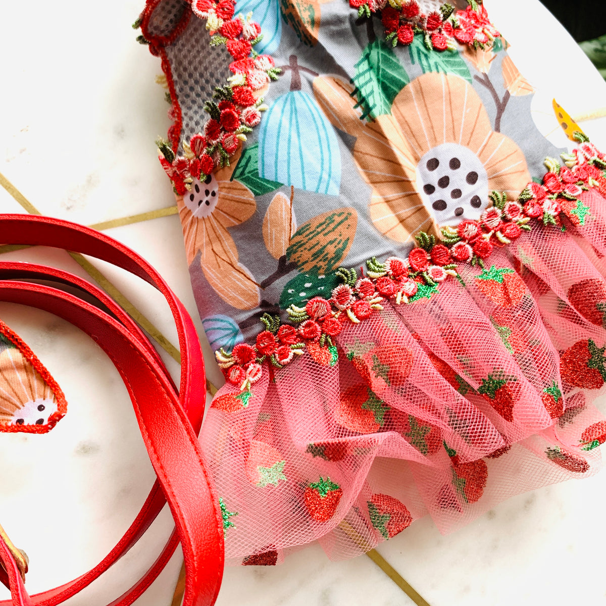 Strawberry Pom Fashion Harness Dress Set| For Elegant Puppy or Kitten