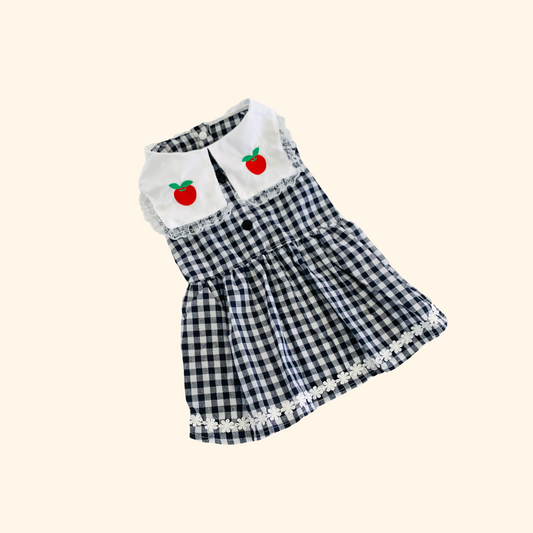 Summer Plaid Monochrome Pet Dress w Red Apple Embossing | Pet Stylish Dress