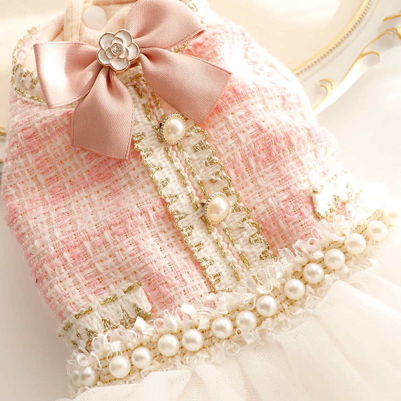 Elegant Tweed Pearl Pom Pet Dress | For Dogs and Cats
